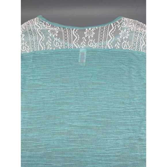 no boundaries 3/4 sleeve shirt green white lace sheer high low swoop neck m READ - Picture 4 of 12